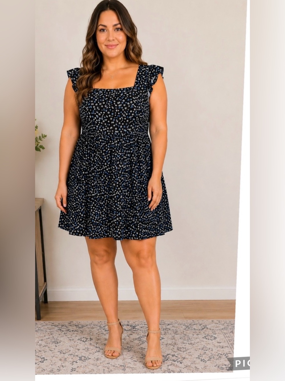 NWT Naggoo Floral Mini Dress XL Square Neck Ruffle Sleeve A-Line Pockets